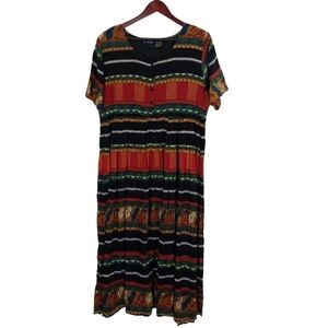 Ms Moda Vintage Blue Red Multicolor Crinkly Gauze Colorful Artsy Maxi Dress Sz L